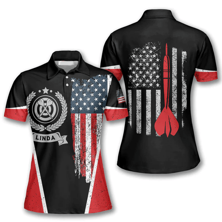 USA Flag Emblem Personalized Darts Button Polo — Design 02