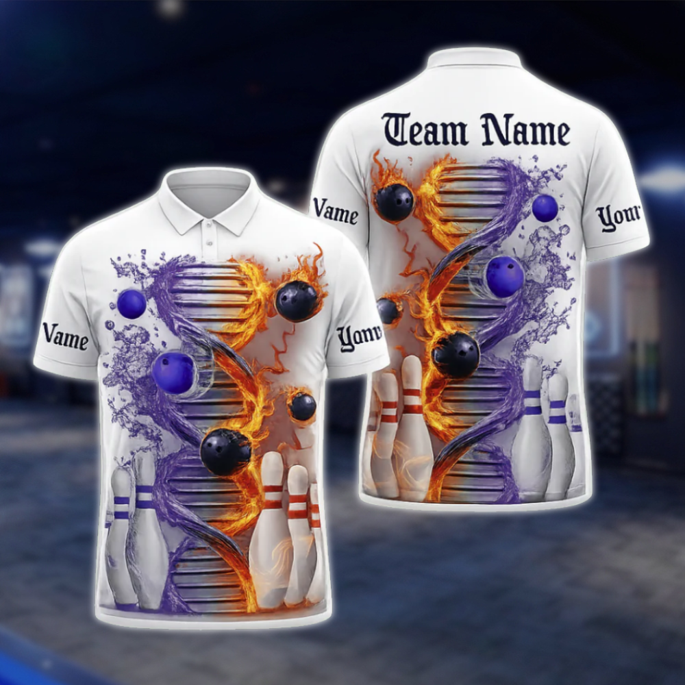 Flame DNA Custom Mens Bowling Polo Shirt, Custom Flame Bowling Team Shirts BZ0487
