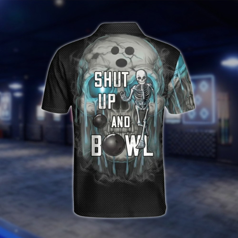 Custom Shut Up And Bowl Skeleton Black Cyan Bowling Polo Shirt, Custom Skull Funny Bowling Team Shirts BZ0490