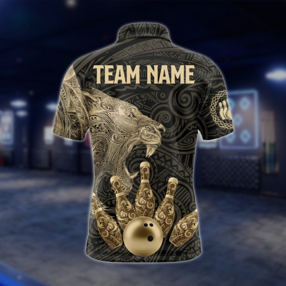 Lion Tribal Custom Black Gold Bowling Mens Polo Shirt, Custom Lion Team Bowling Shirts BZ0491