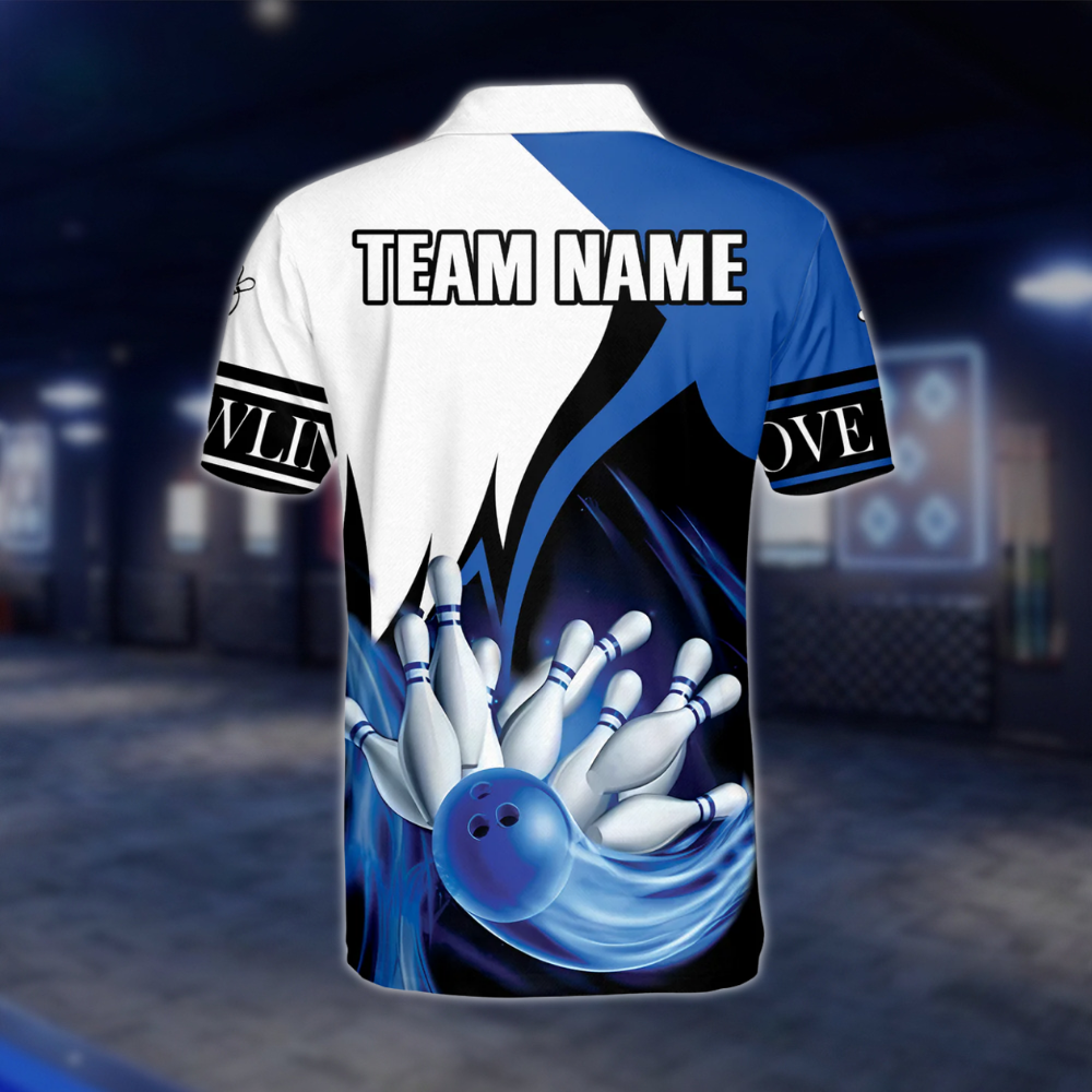 Custom Team Mens Bowling Polo Shirt Blue White, Custom Bowling Shirts BE0041