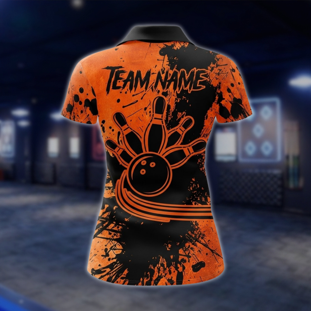 Personalized Women Orange And Black Polo Bowling Team Shirts, Custom Bowling Team ShirtsFor Ladies BZ0736