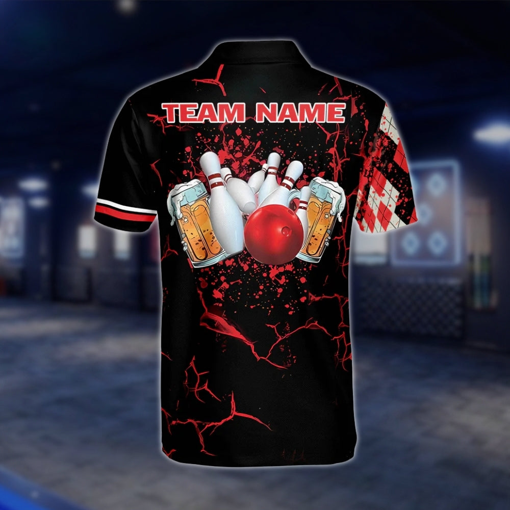 Custom Beer Argyle Bowling Polo Shirt For Mens, Black And Red Custom Beer Bowling Team Shirts BZ0094