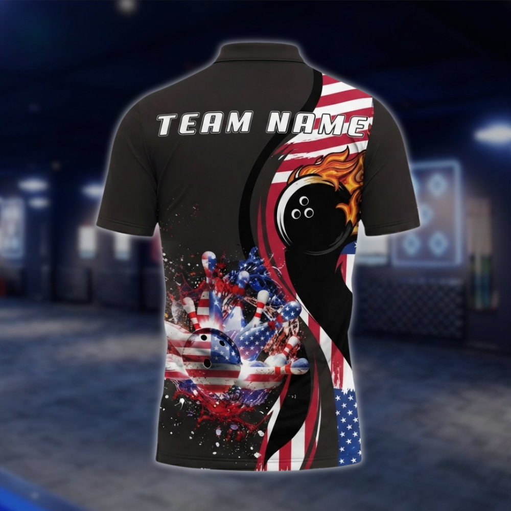 Personalized USA Flag Fire Ball Bowling Polo Shirt For Men, Custom Patriotic Bowling Shirts For Team BZ0756