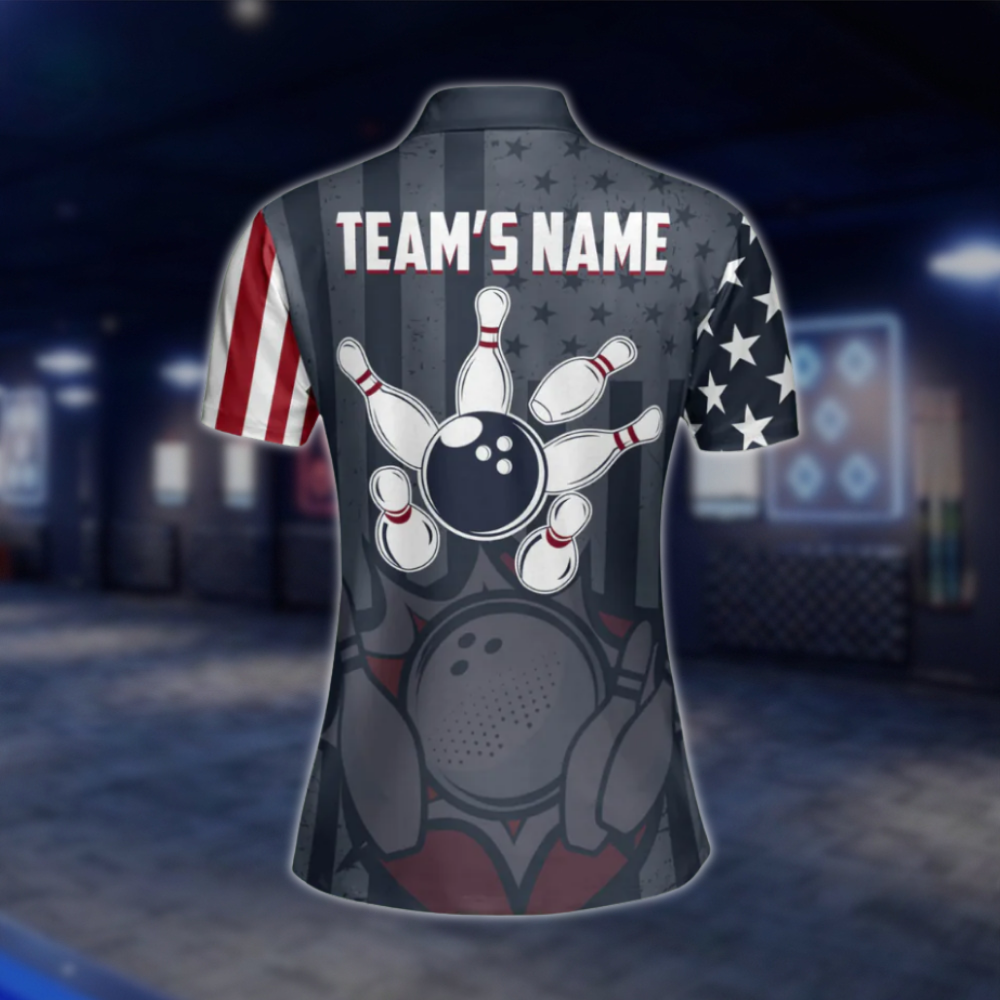 Custom USA Flag Womens Navy Bowling Polo Shirt, Custom Patriotic Bowling Team Shirts For Womens BZ0095