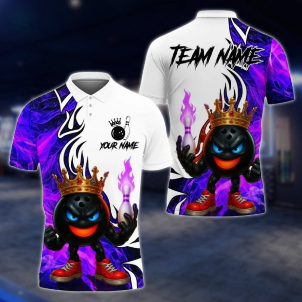 King Balll Fire Custom Mens Bowling Polo Shirt, Custom Flame Bowling Team Shirts BE0128