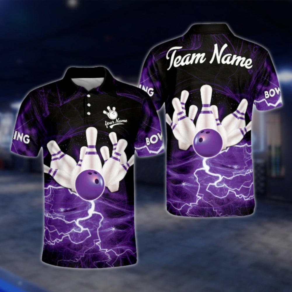 Custom Red Lightning Bowling Team Polo Shirts For Mens, Custom Bowling Shirts BZ0073