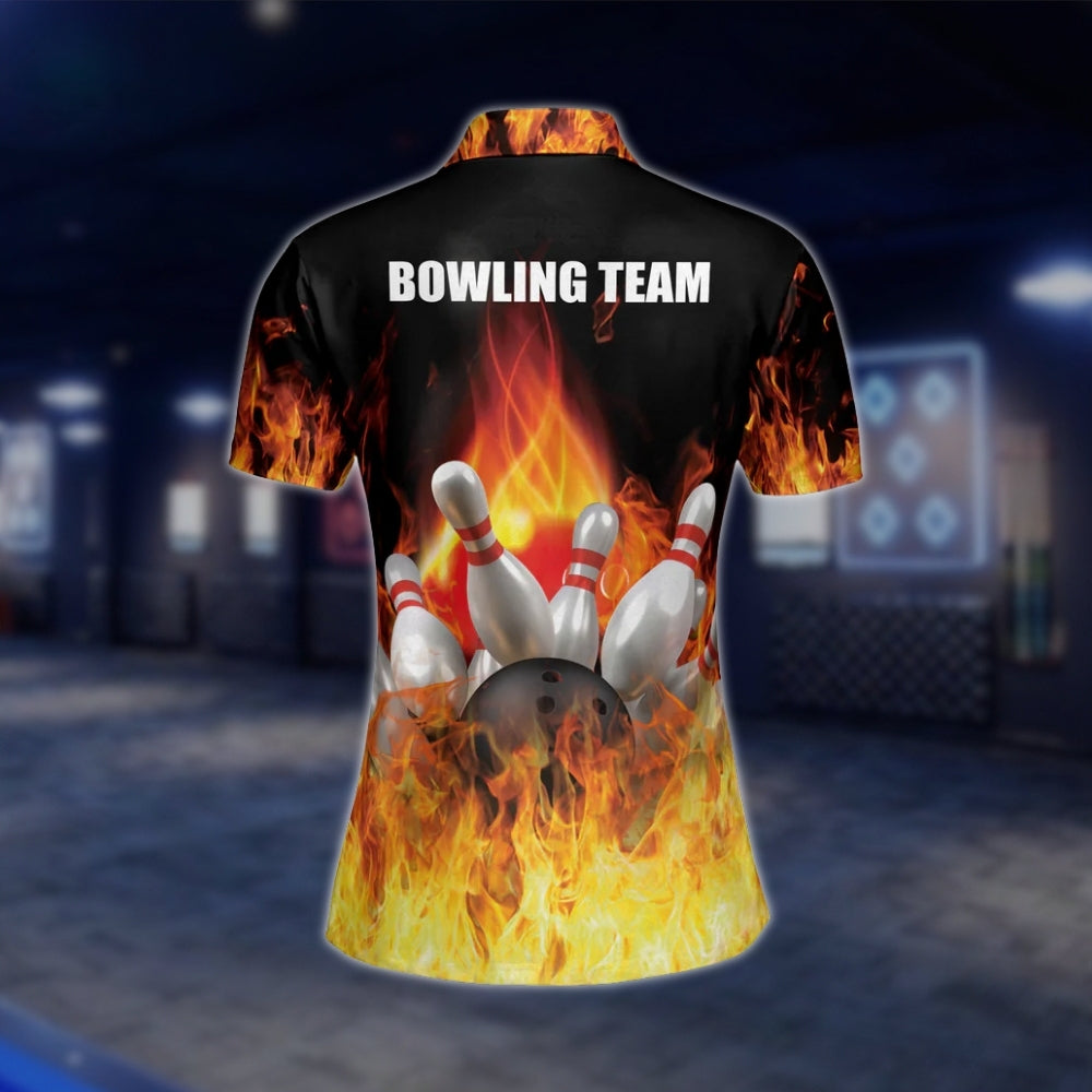 Custom Fire Black Orange Bowling Polo Shirt For Women, Custom Flame Bowling Team Shirts For Ladies BW0121