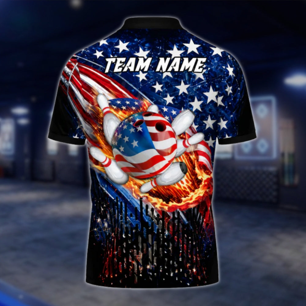 American Flag Custom Flame Ball Bowling Polo Shirt For Mens, Custom Patriotic Bowling Shirts For Team BZ0449