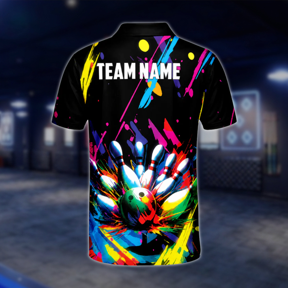 Customized Graffiti Colorful Polo Bowling Team Shirts For Men, Custom Team Bowling Shirts BL0004