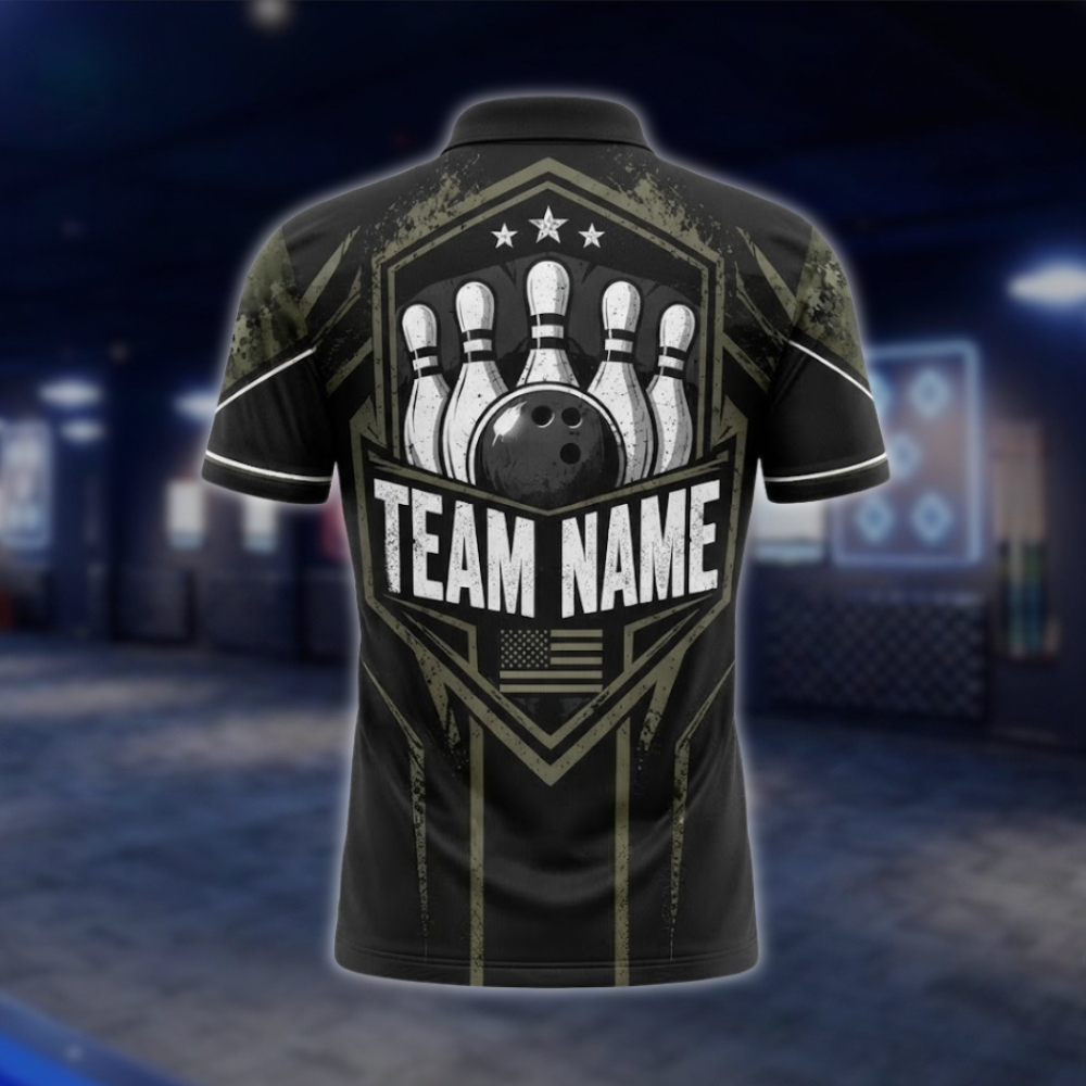 Personalized Camo Green Black Bowling Polo Shirt Mens, Custom Camo Bowling Team Shirts BZ0941