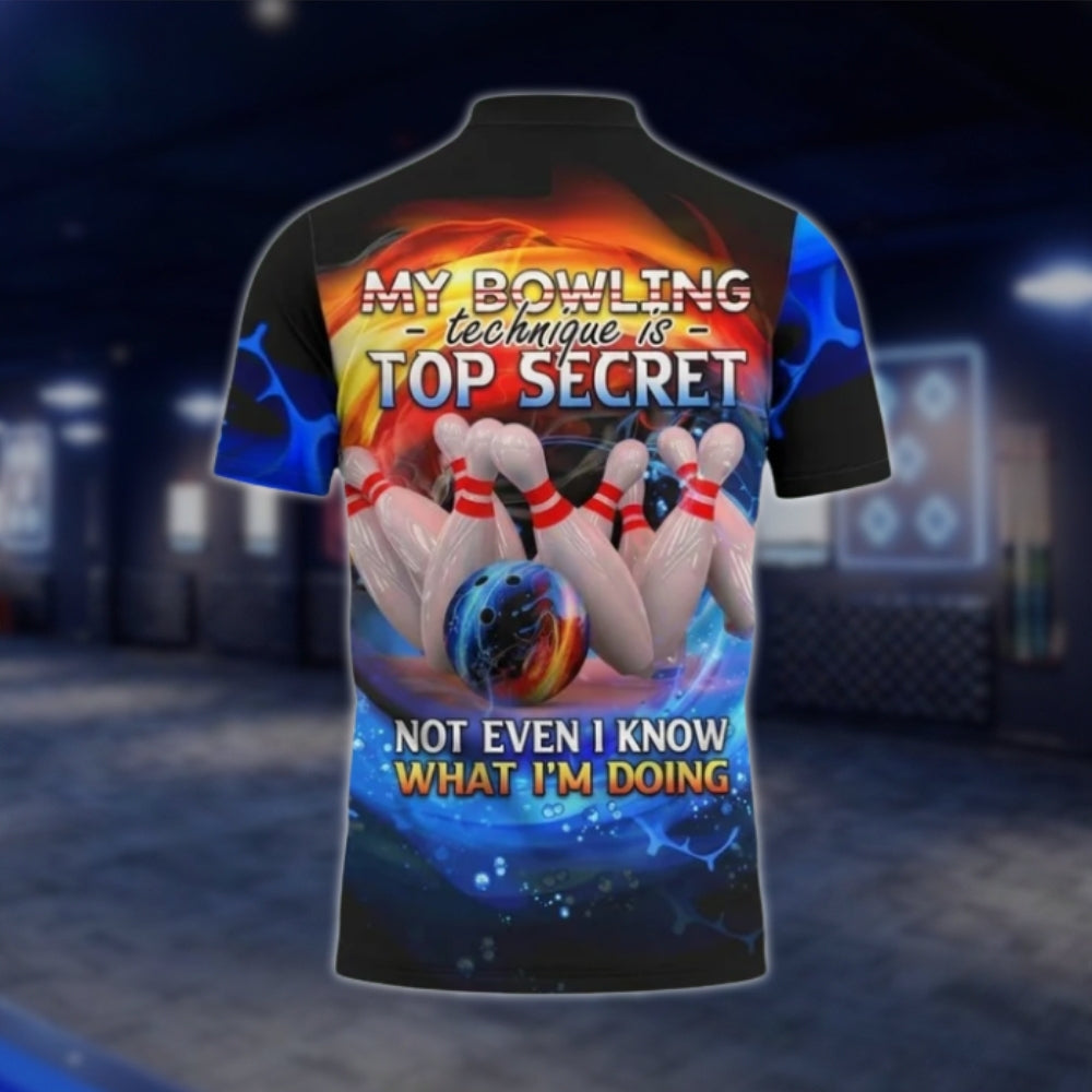 My Bowling Technique Is Top Secret Not Even I Know What I'm Doing Custom Flame Bowling Mens Polo Shirt, Custom Funny Bowling Shirts SO0877