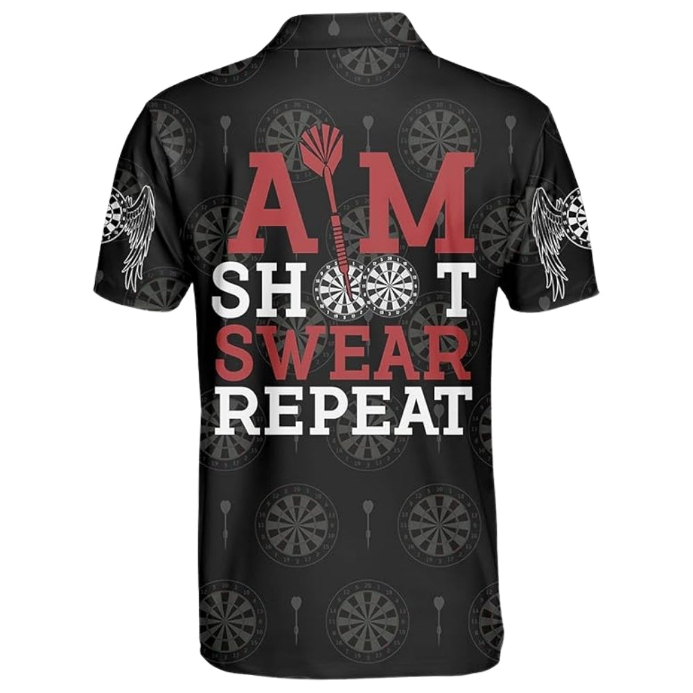 Aim Shoot Swear Repeat Mens Personalized Darts Button Polo