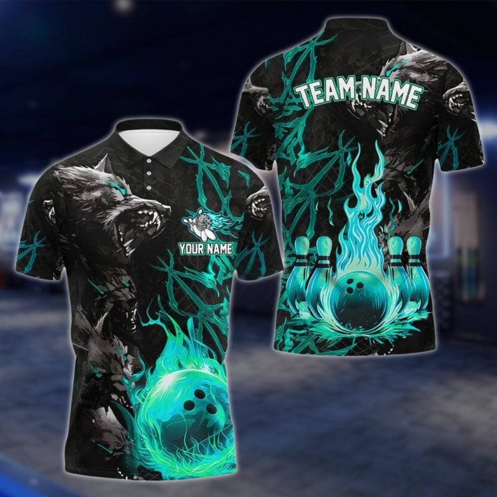 Custom Wolf Flame Ball Bowling Mens Polo Shirt, Custom Wolf Bowling Team Shirts BE0105