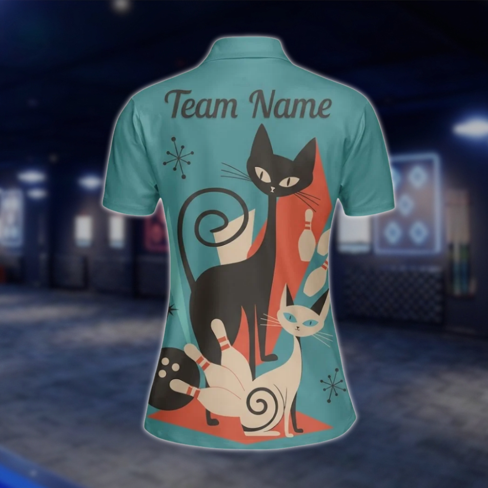 Personalized Vintage Cat Women's Cyan Bowling Polo Shirt, Custom Cat Bowling Team Shirts For Ladies BZ0774