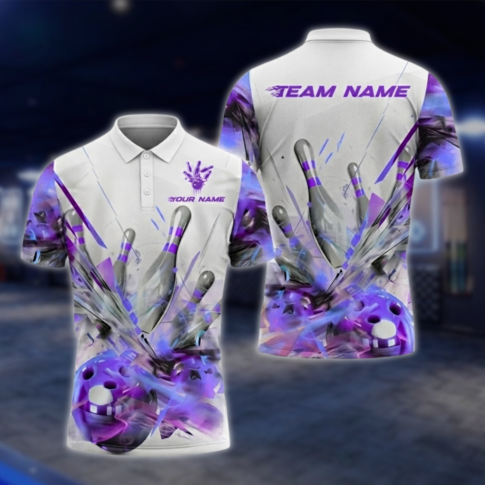 Personalized Broken Ball Bowling Mens White And Pink Polo Shirt, Custom Team Bowling Shits BZ0761