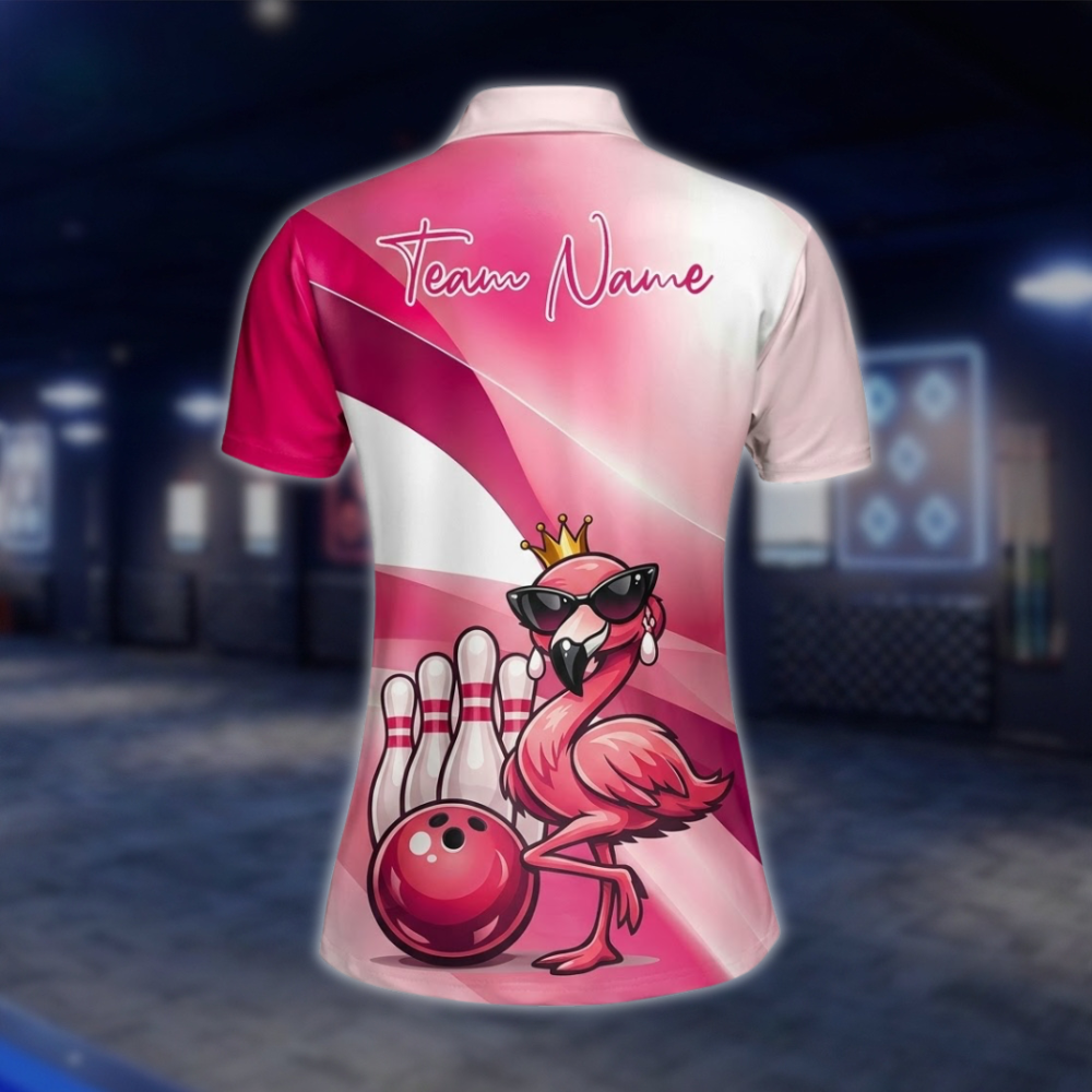 Personalized Flamingo Womens Bowling Polo Shirt, Custom Flamingo Bowling Team Shirt Ladies BZ0935