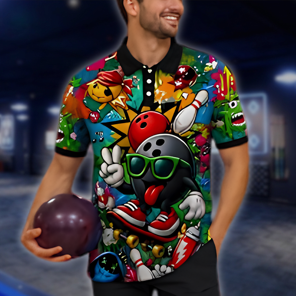 Personalized Graffiti Funny Ball Bowling Polo Shirt For Men, Custom Team Bowling Shirts BZ0952