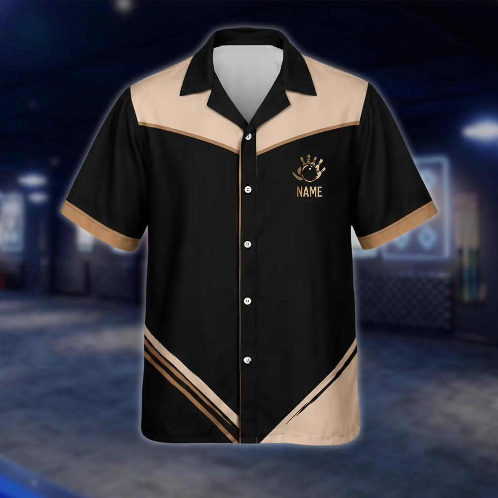 Personalized Team Black Beige Bowling Hawaiian Shirt, Custom Bowling Shirts BE0247