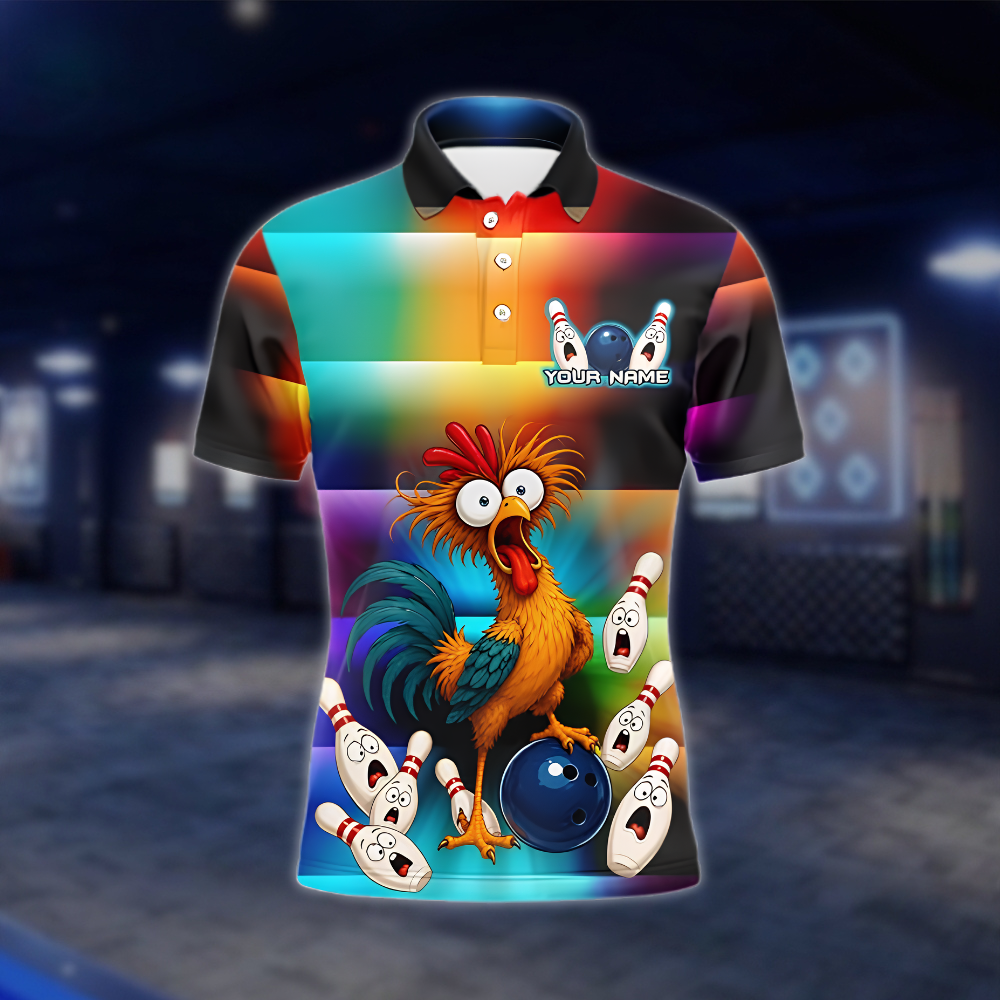 Personalized Funny Rooster Colorful Bowling Polo Shirt Men, Custom Chicken Bowling Team Shirts BZ0890