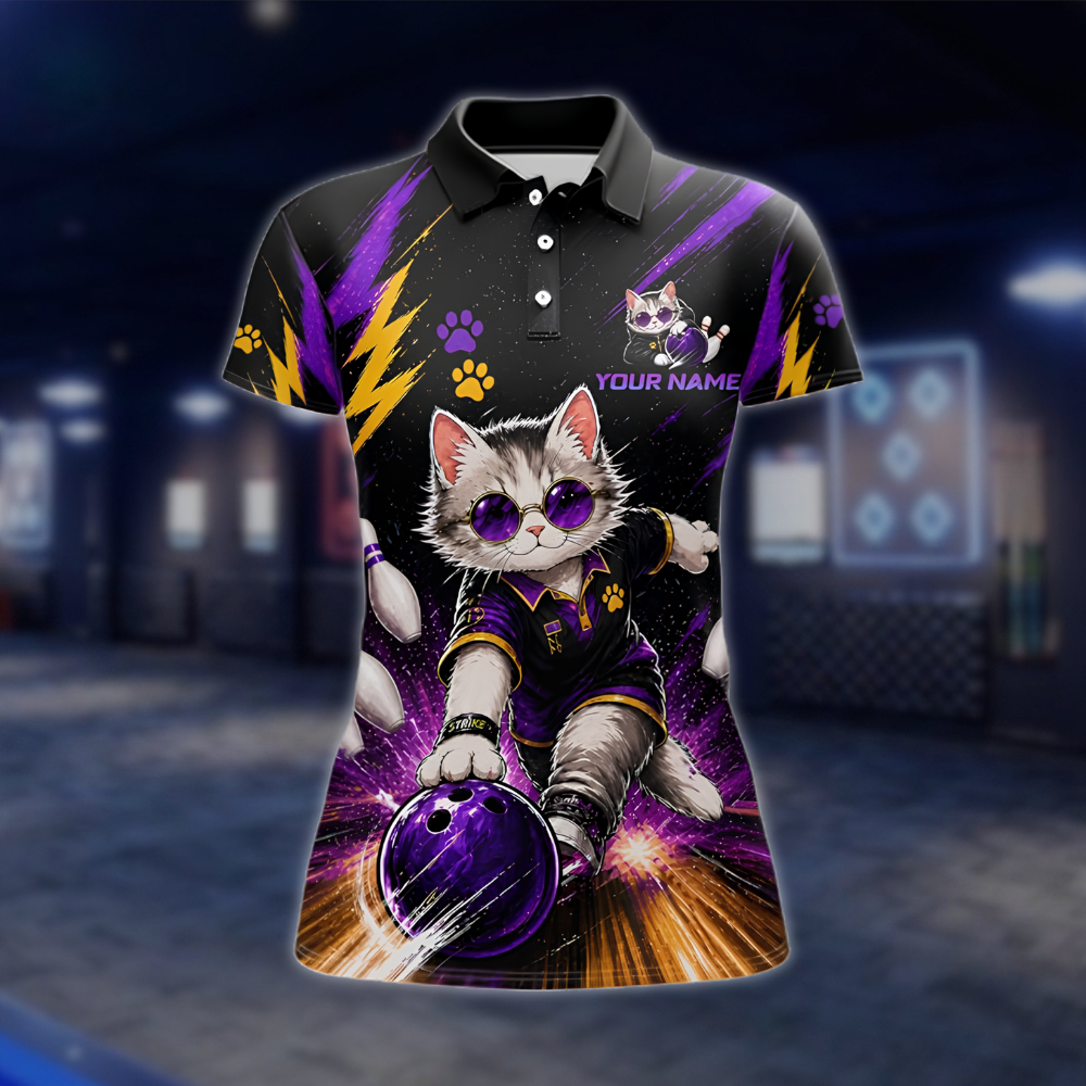 Personalized Cat Purple Black Bowling Polo Shirt Ladies, Custom Cat Team Bowling Shirts For Women BZ0891