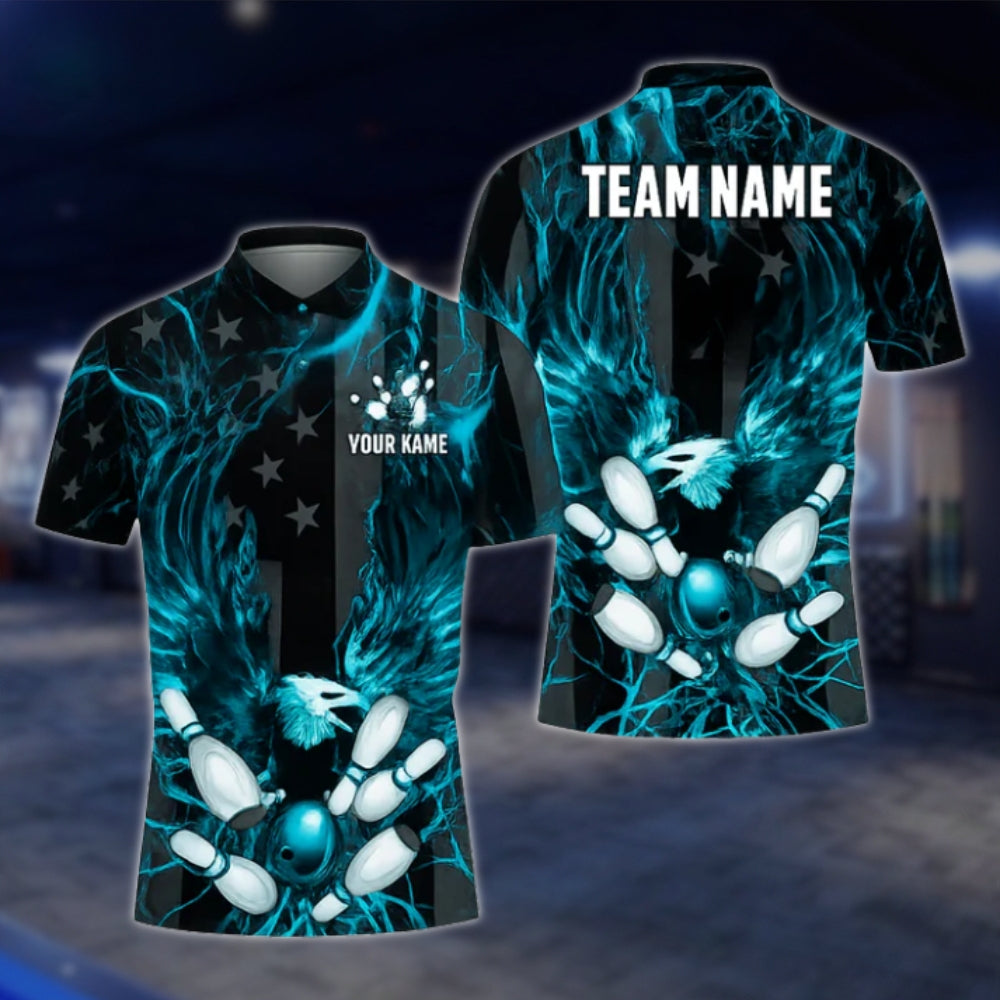 Custom Eagle Blue Black Bowling Mens Polo Shirt, Custom Eagle Bowling Shirt Team BZ0442