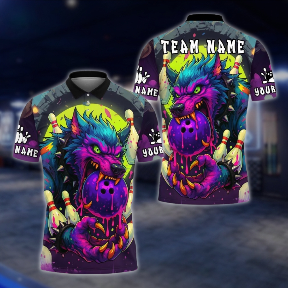 Personalized Wolf Colorful Bowling Mens Polo Shirt, Custom Wolf Bowling Team Shirt BE0215
