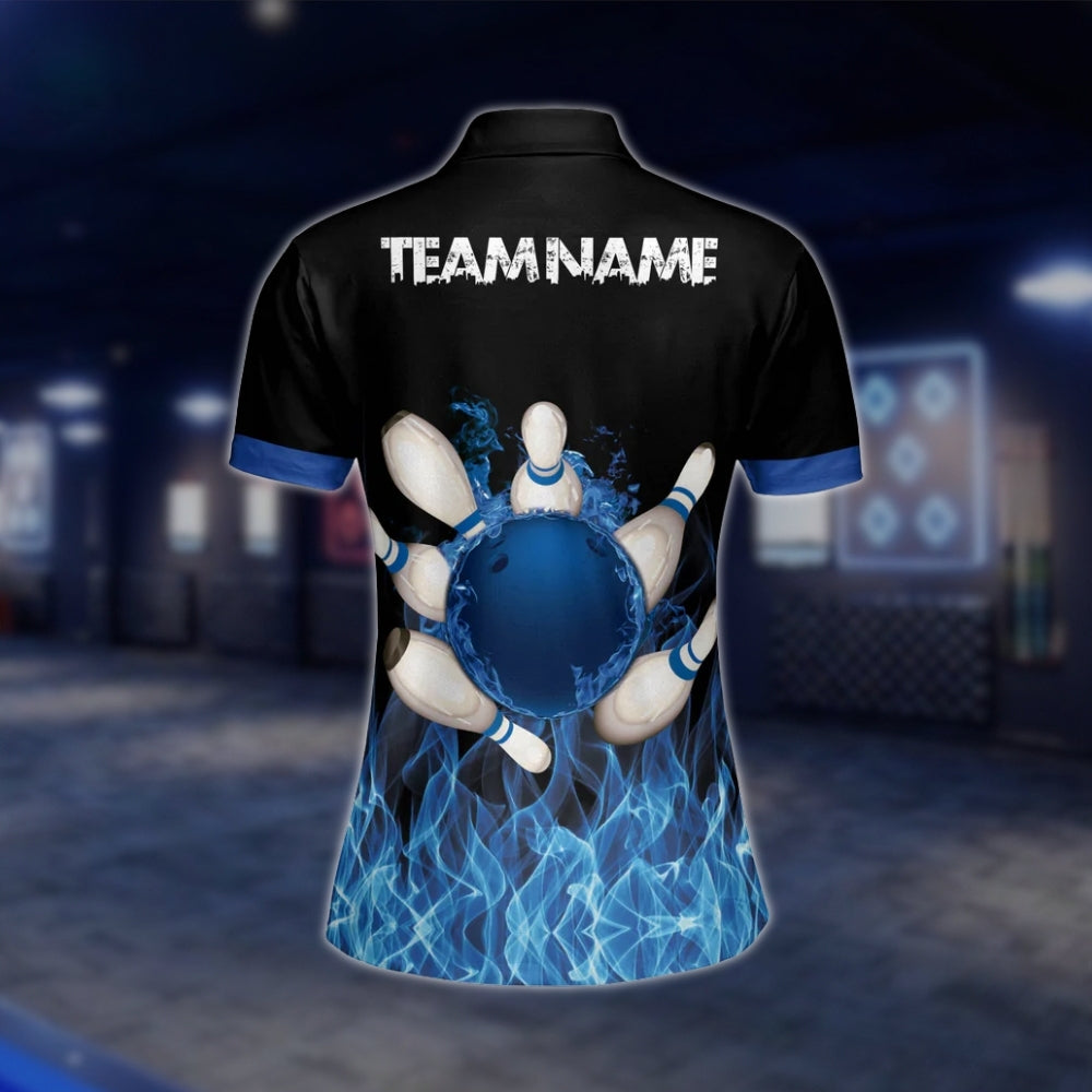 Blue Flame Custom Womens Bowling Polo Shirt, Custom Flame Bowling Team Shirts For Ladies BW0153