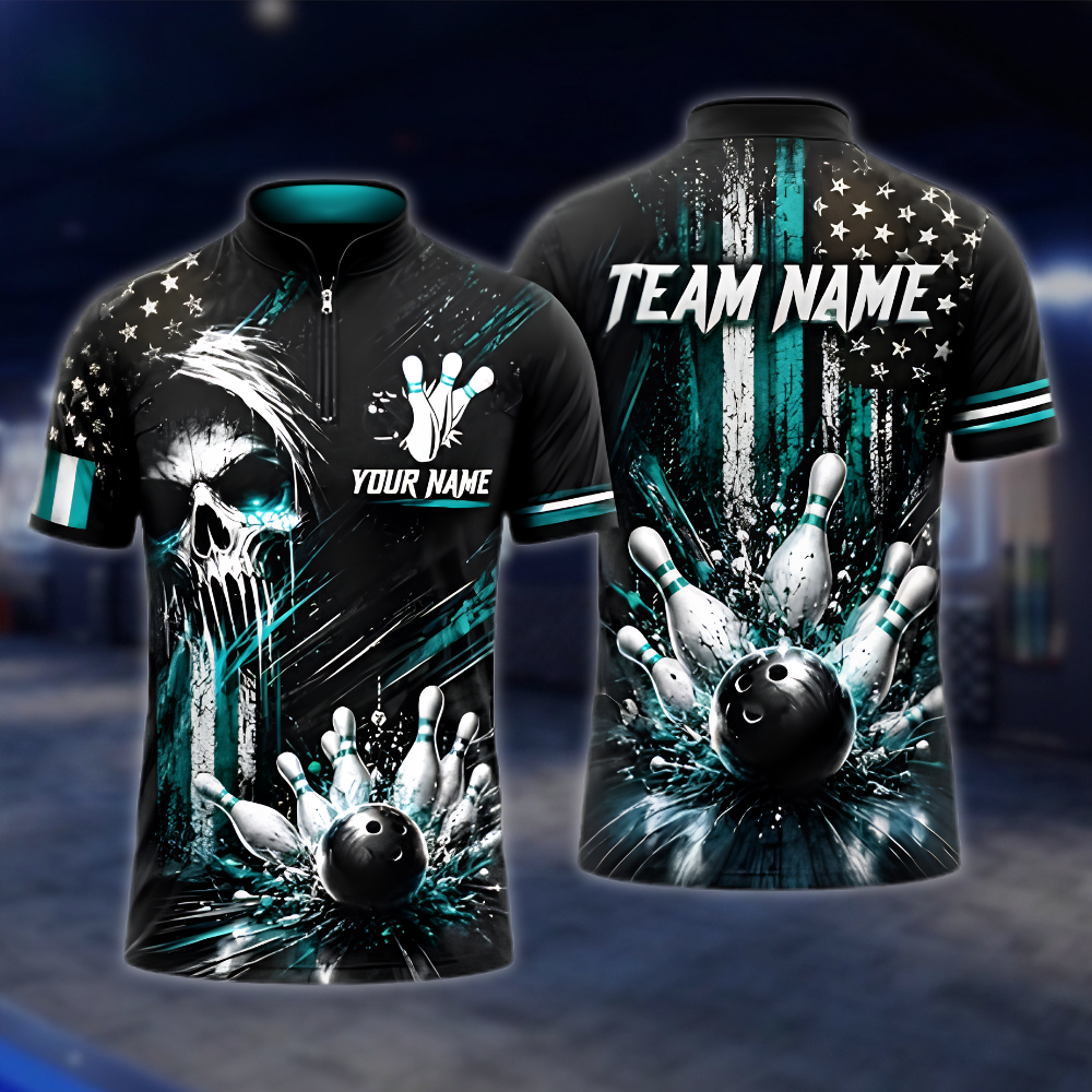 Personalized Skull American Flag Bowling Mens Jersey, Custom Skull Bowling Team Shirt BZ0954