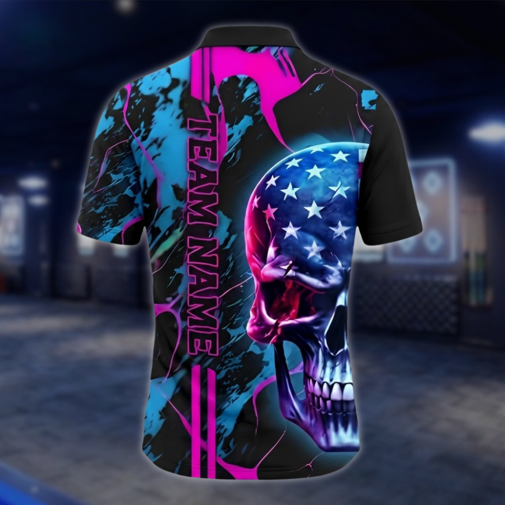 Personalized Skull Cyan Pink Bowling Men Polo Shirt USA Flag, Custom Skull Bowling Shirt Team BZ0874