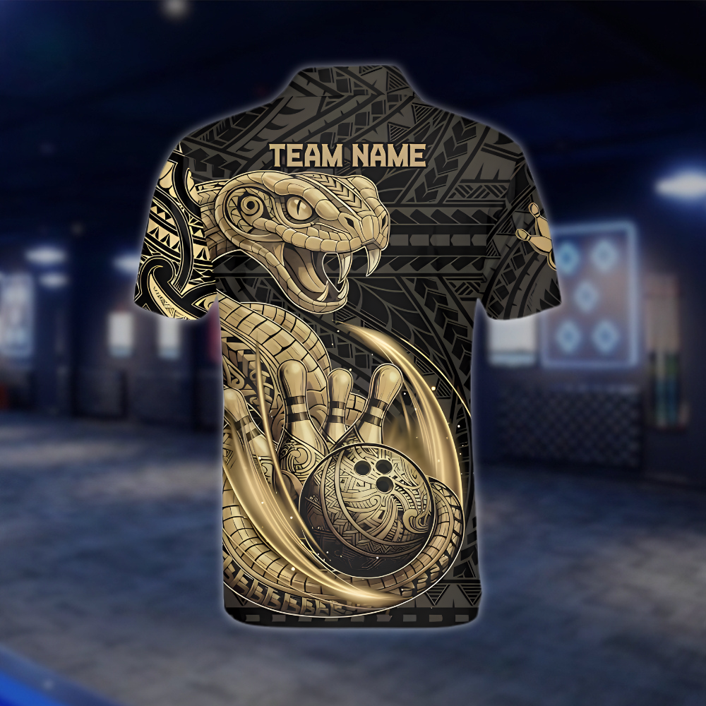 Personalized Snake Black And Gold Tribal Bowling Polo Shirt Men, Custom Snake Bowling Team Shirts BZ0963