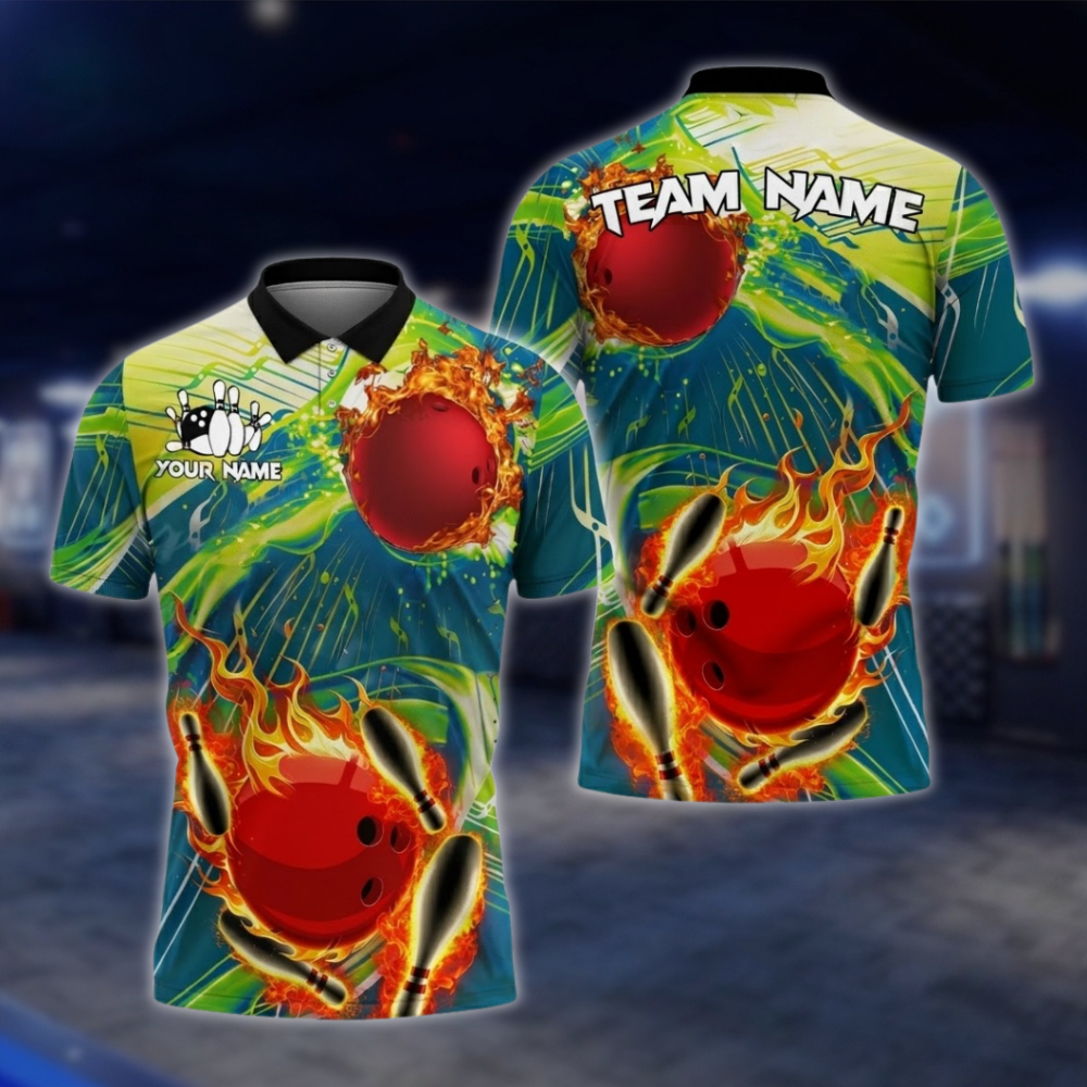 Personalized Flame Bowling Men's Polo Shirt, Custom Flame Bowling Shirts For Team BZ0733