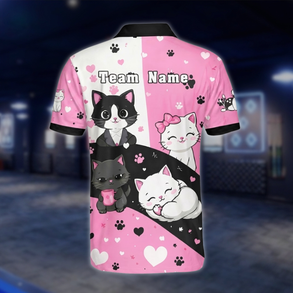 Personalized Cute Cate Bowling Polo Shirt Men, Pink White Custom Cat Bowling Shirt For Team BZ0853