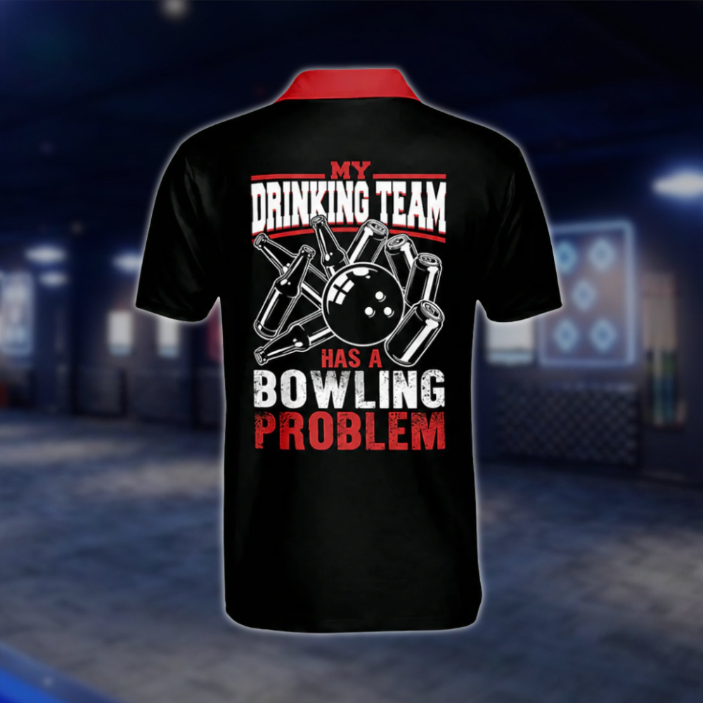 My Drinking Team Has A Bowling Problem Men's Custom Name Bowling Polo Shirt, Black And Red Custom Funny Bowling Shirts BM0111