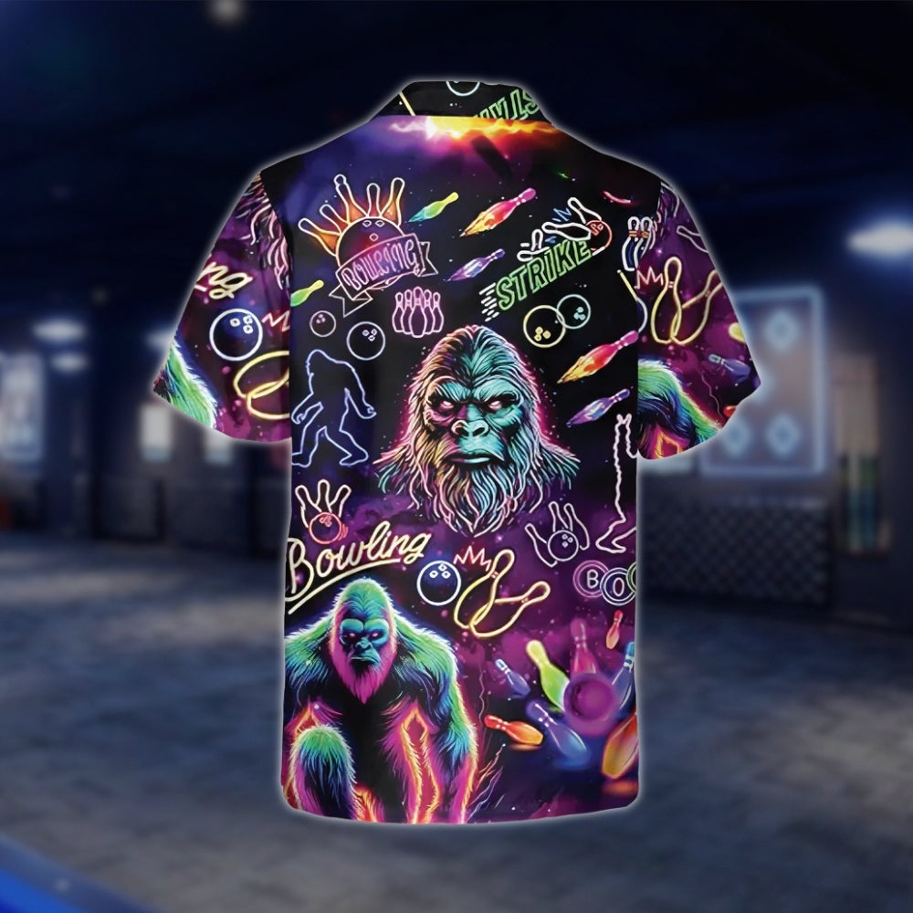 Neon Bigfoot Men's Bowling Hawaiian Shirt, Sasquatch Bigfoot Bowling Shirts BZ0204