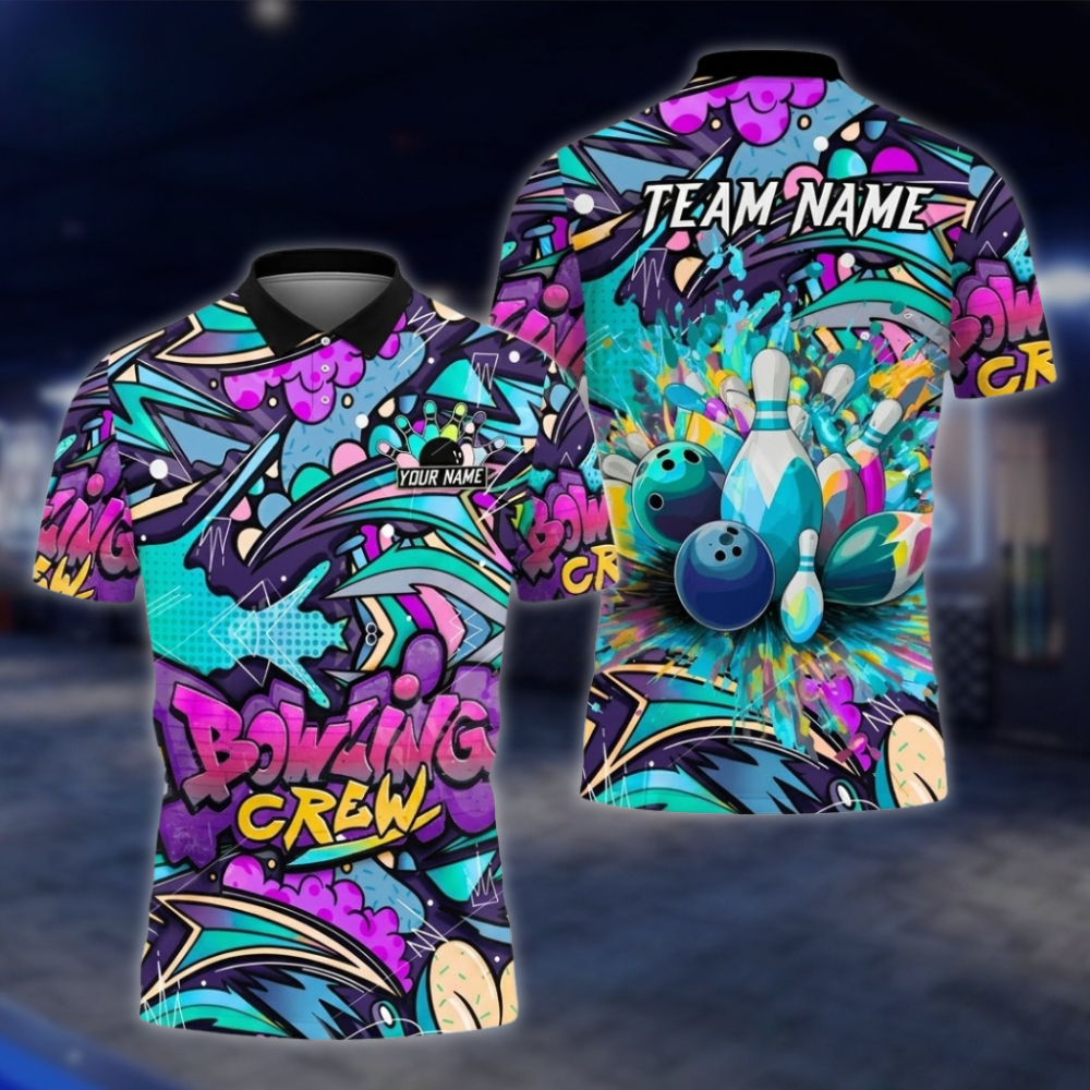 Personalized Graffiti Bowling Mens Polo Shirt, Custom Team Bowling Shirts BZ0857