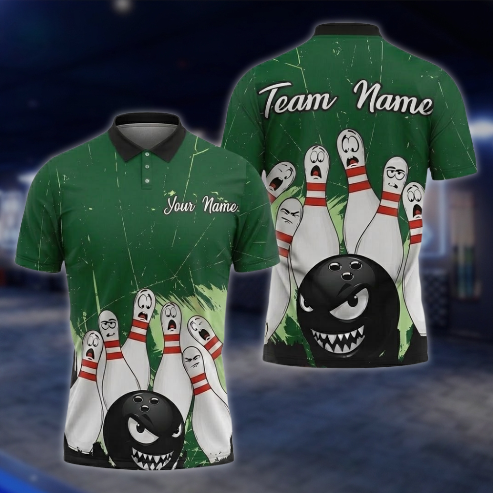 Angry Ball And Scary Pins Personalized Mens Bowling Polo Shirt, Custom Team Bowling Shirts BZ0854