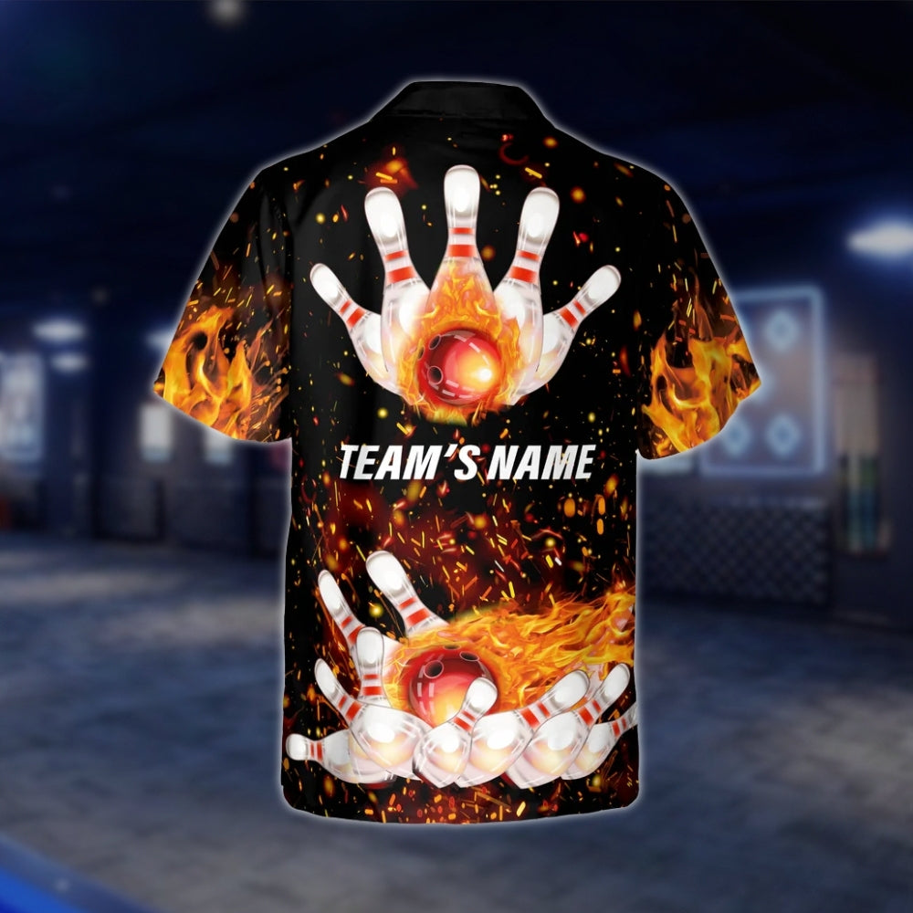 Custom Flaming Ball And Pins Bowling Hawaiian Shirt Mens, Custom Flame Bowling Shirts For Team BZ0139