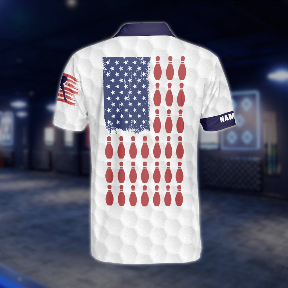 USA Flag Custom Mens White Bowling Polo Shirt, Custom Name Patriotic Bowling Shirt With Name BZ0148