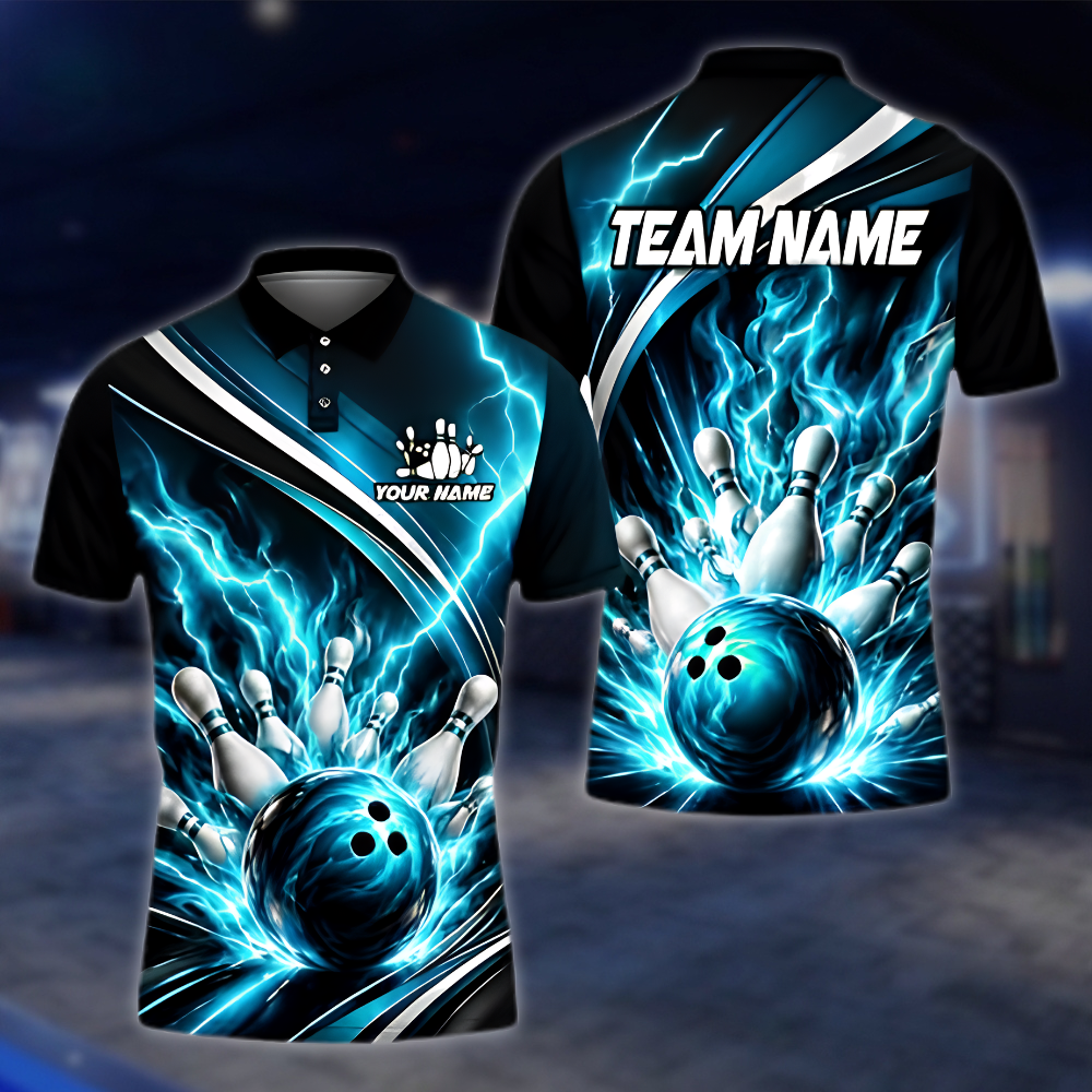 Personalized Thunder Blue Lightning Bowling Polo Shirt Men, Custom Thunder Bowling Team Shirt BZ0970