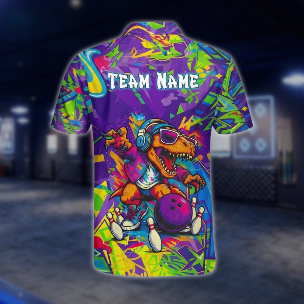Personalized T-Rex Graffiti Bowling Polo Shirt For Men, Custom Dinosaur Bowling Shirt Team BZ0934