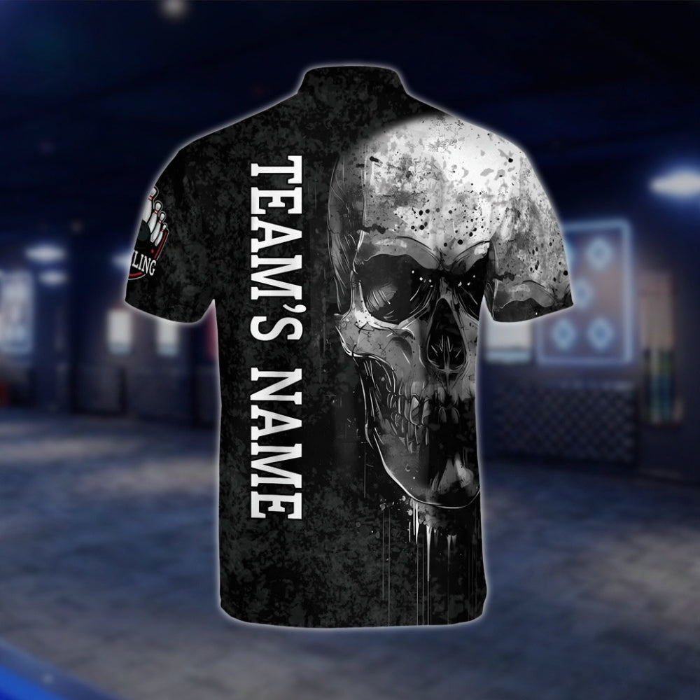 Skeleton Custom Mens Black Grey Bowling Jersey, Custom Skull Bowling Shirts For Team BZ0143