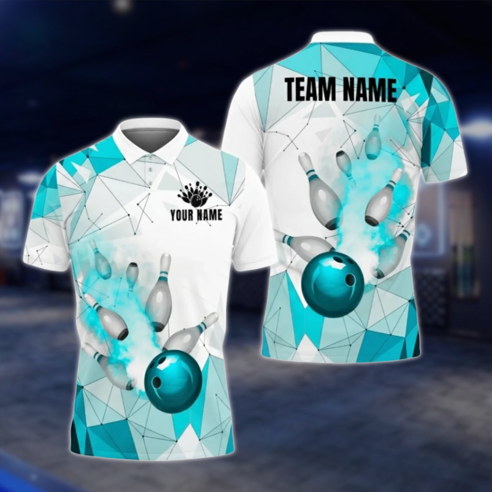 Personalized Mens Blue White Bowling Polo Shirt, Custom Team Bowling Shirt BZ0806