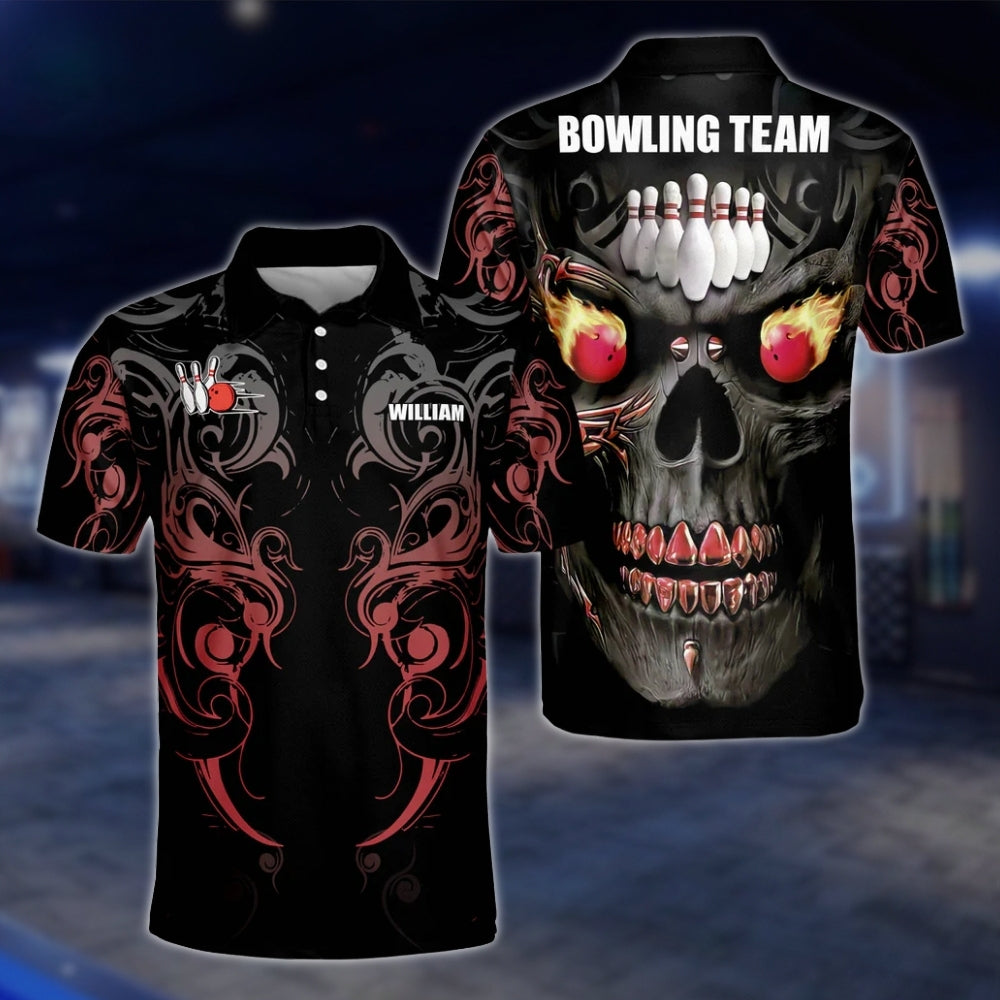 Custom Skull Green Black Bowling Mens Polo Shirt, Custom Skeleton Bowling Team Shirts BZ0188