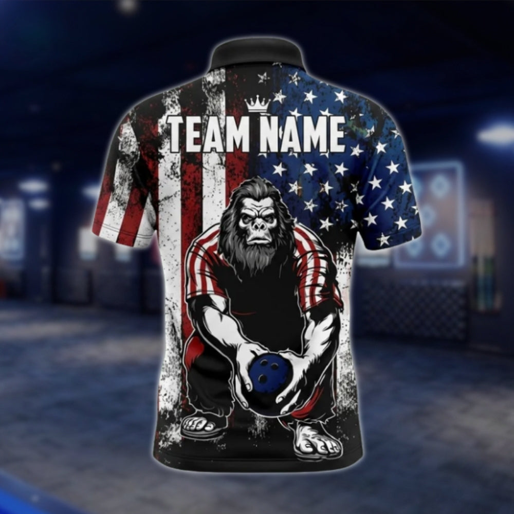 Bigfoot American Flag Custom Mens Bowling Polo Shirt, Custom Sasquatch Patriotic Bowling Team Shirts BO0301