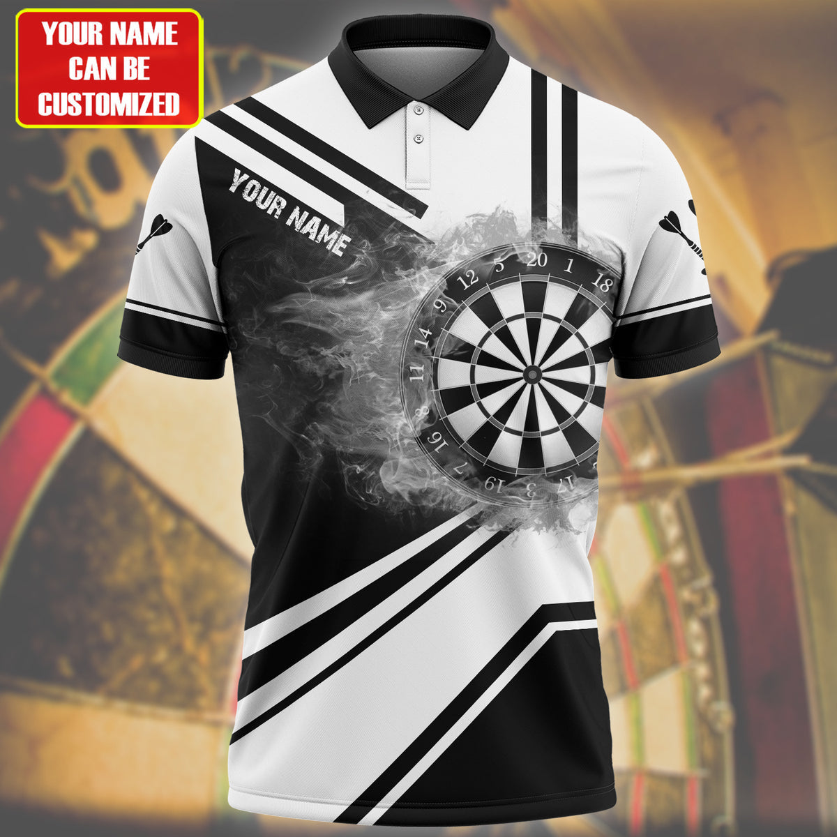 Black and White Personalized Darts Button Polo — Design 02