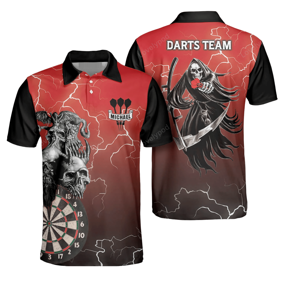Skull Lightning Fantasy and Personalized Darts Button Polo