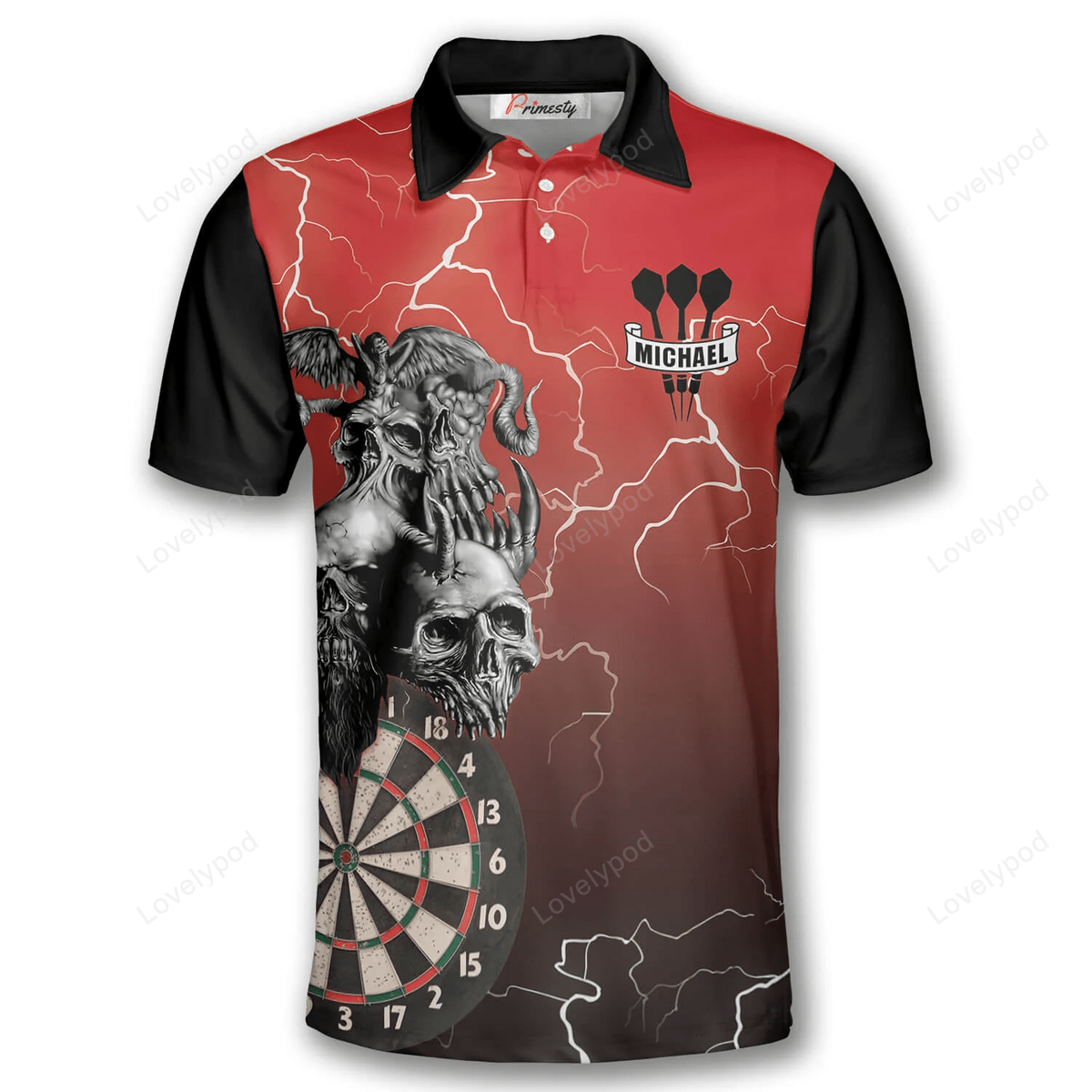 Skull Lightning Fantasy and Personalized Darts Button Polo