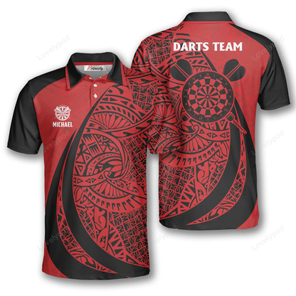 Red Tribal Tattoo and Personalized Darts Button Polo