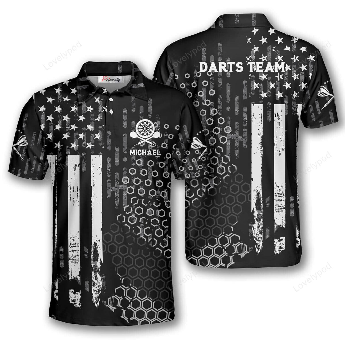 Us Flag Hive Pattern and Personalized Darts Button Polo